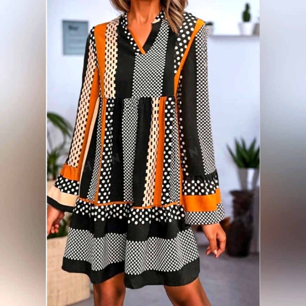 SHEIN Womens black and brown stripe shift Mini dress with Polka dots  Medium